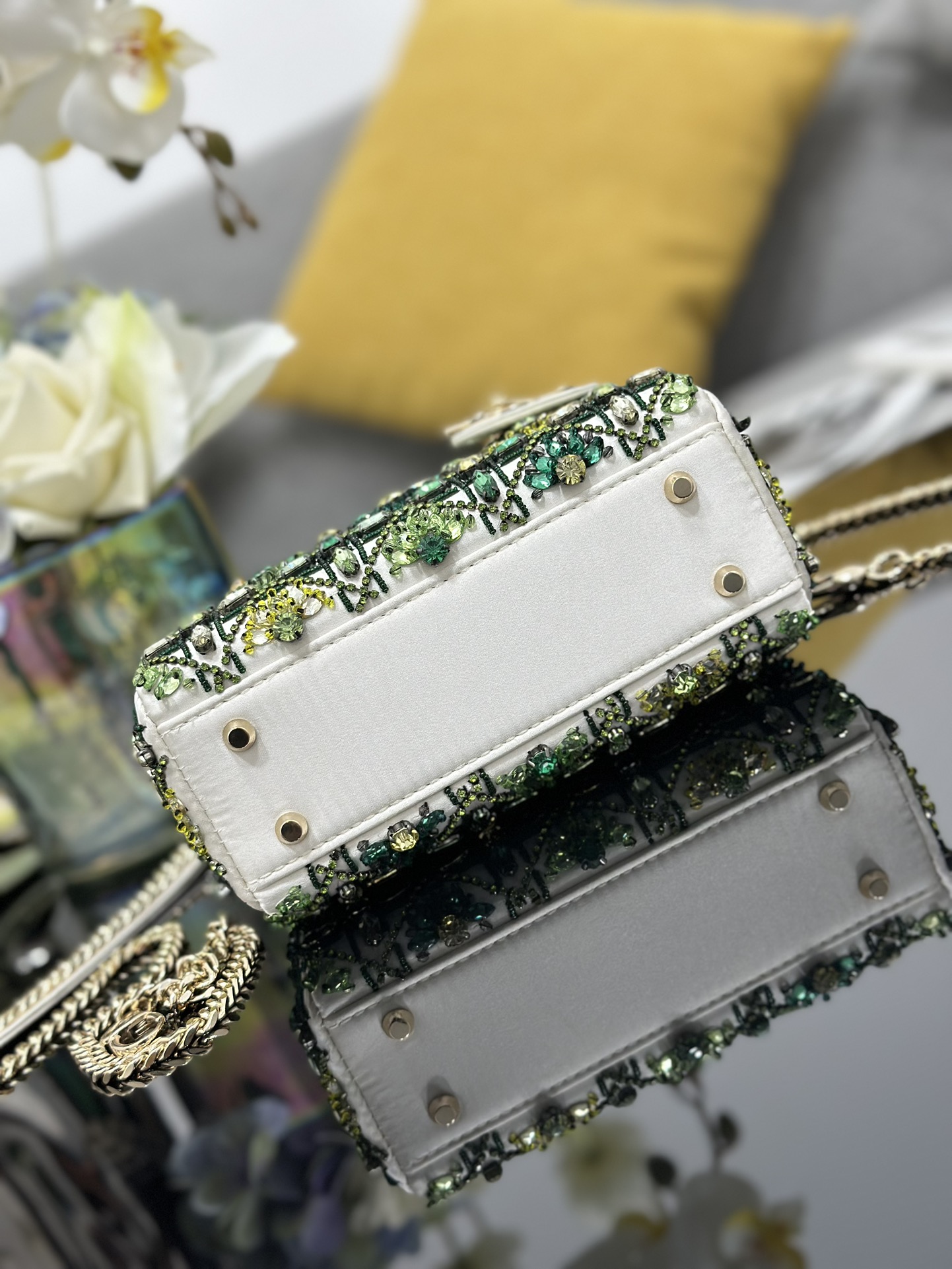 Mini Lady Dior Bag White Satin Embroidered with White Green Diamond